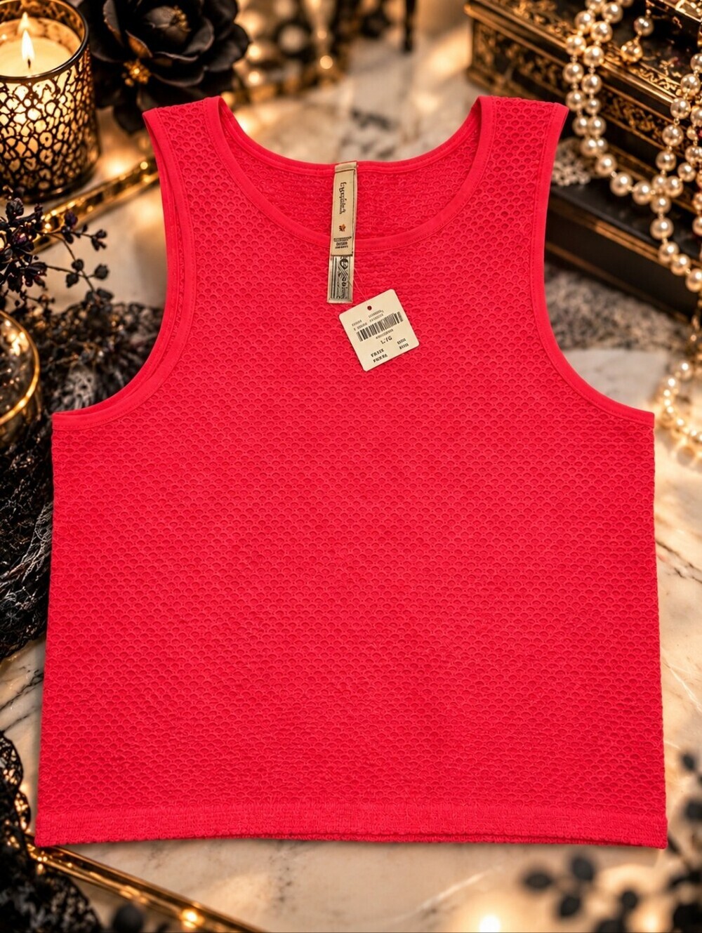 Free People Coral Pink Mesh Knit Tank Top L/XL NWT Cropped Sleeveless